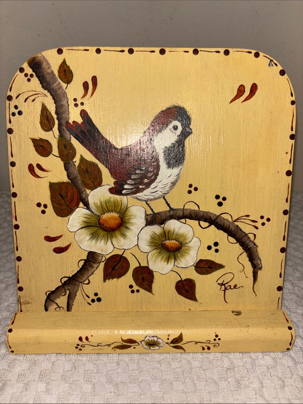Vintage Hand-Painted floral & bird decorative wooden stand ~cream yellow